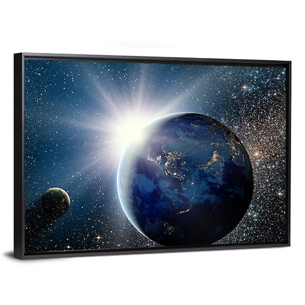 Sunrise Over Planet And Satellites In Space Canvas Wall Art-3 Horizontal-Gallery Wrap-25" x 16"-Tiaracle
