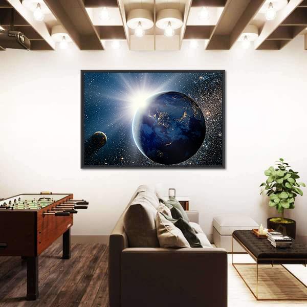 Sunrise Over Planet And Satellites In Space Canvas Wall Art-3 Horizontal-Gallery Wrap-25" x 16"-Tiaracle