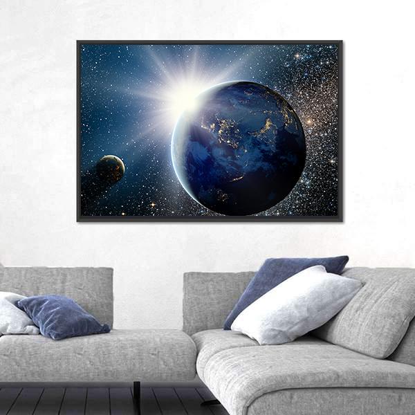 Sunrise Over Planet And Satellites In Space Canvas Wall Art-3 Horizontal-Gallery Wrap-25" x 16"-Tiaracle