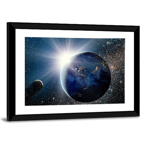 Sunrise Over Planet And Satellites In Space Canvas Wall Art-3 Horizontal-Gallery Wrap-25" x 16"-Tiaracle