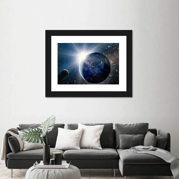 Sunrise Over Planet And Satellites In Space Canvas Wall Art-3 Horizontal-Gallery Wrap-25" x 16"-Tiaracle