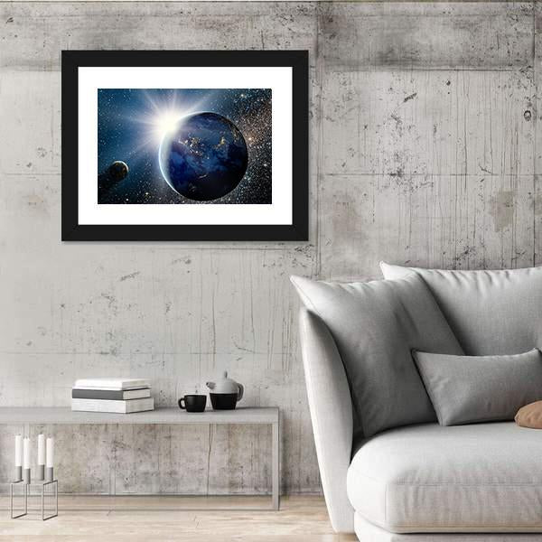 Sunrise Over Planet And Satellites In Space Canvas Wall Art-3 Horizontal-Gallery Wrap-25" x 16"-Tiaracle