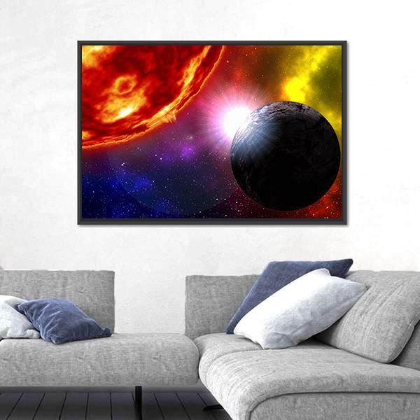 Sunrise Over Planet In Deep Space Canvas Wall Art-5 Horizontal-Gallery Wrap-22" x 12"-Tiaracle