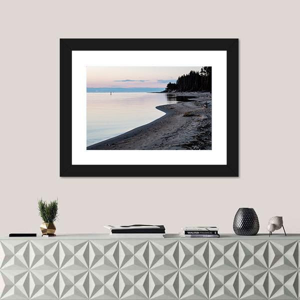Sunrise Over The Calm River In Spring In Latvia Canvas Wall Art-1 Piece-Framed Print-42" x 14"-Tiaracle