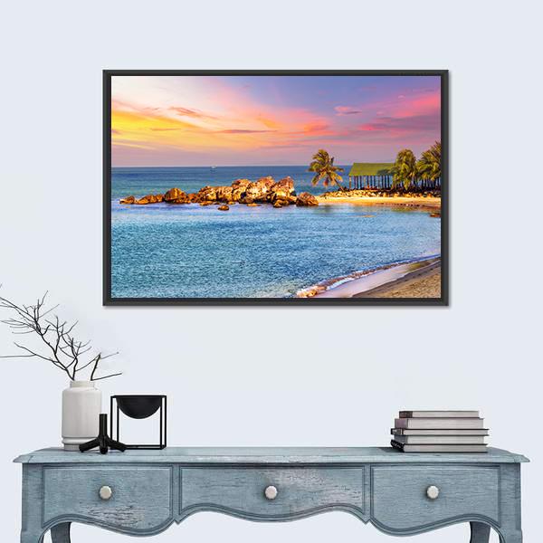 Sunrise Tropical Landscape Sea Canvas Wall Art-1 Piece-Floating Frame-24" x 16"-Tiaracle