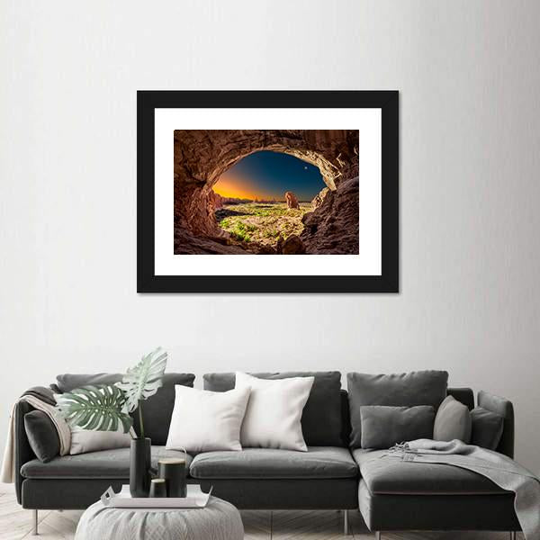 Sunrise View From Inside Double Arches Rock Canvas Wall Art-1 Piece-Framed Print-20" x 16"-Tiaracle