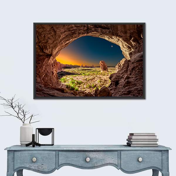 Sunrise View From Inside Double Arches Rock Canvas Wall Art-5 Horizontal-Gallery Wrap-22" x 12"-Tiaracle