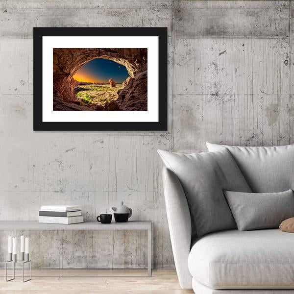 Sunrise View From Inside Double Arches Rock Canvas Wall Art-5 Horizontal-Gallery Wrap-22" x 12"-Tiaracle