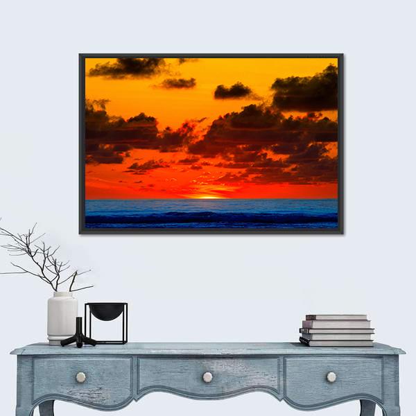 Sunrise With Bright Red Sky On Sea Canvas Wall Art-1 Piece-Floating Frame-24" x 16"-Tiaracle