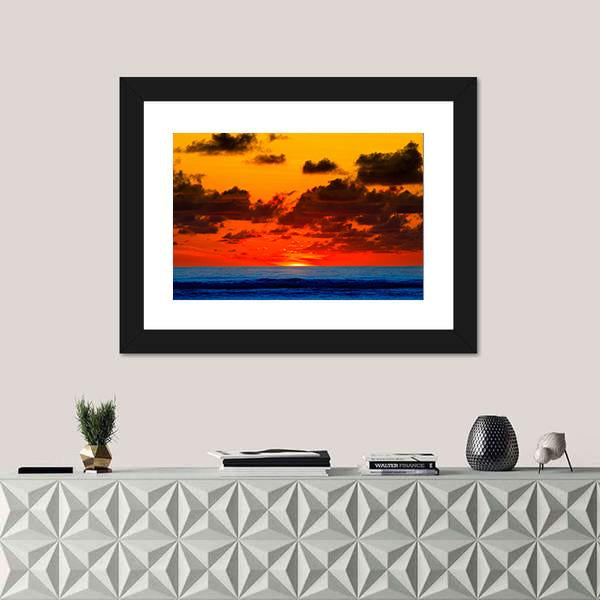 Sunrise With Bright Red Sky On Sea Canvas Wall Art-1 Piece-Framed Print-20" x 16"-Tiaracle