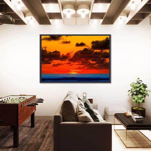 Sunrise With Bright Red Sky On Sea Canvas Wall Art - Tiaracle