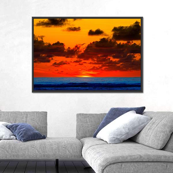 Sunrise With Bright Red Sky On Sea Canvas Wall Art-3 Horizontal-Gallery Wrap-25" x 16"-Tiaracle