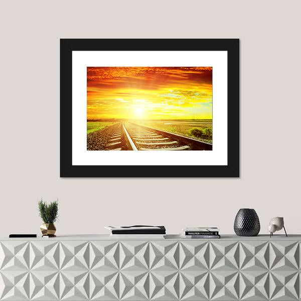 Sunrise With Railway Track Canvas Wall Art-1 Piece-Framed Print-20" x 16"-Tiaracle