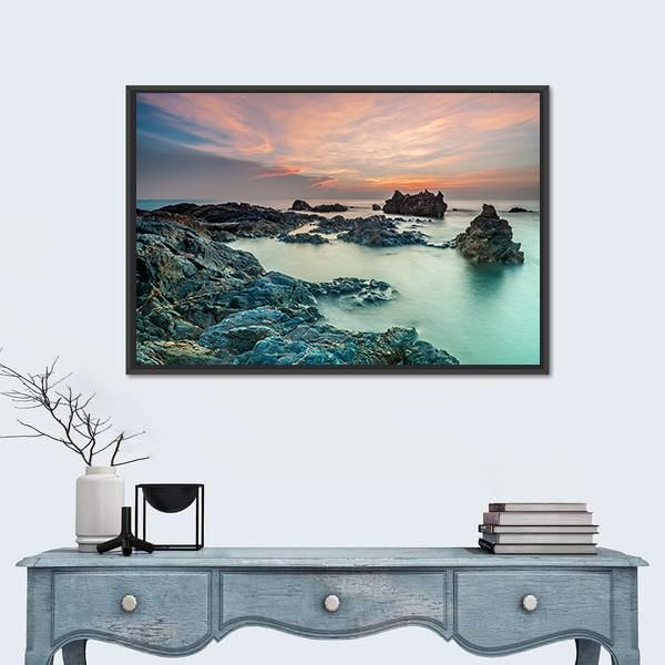 Sunrise With Rocks On The Beach Canvas Wall Art-1 Piece-Floating Frame-36" x 24"-Tiaracle