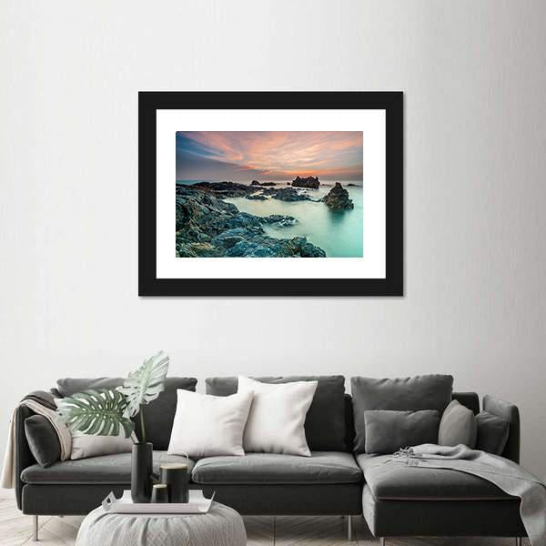 Sunrise With Rocks On The Beach Canvas Wall Art-5 Horizontal-Gallery Wrap-22" x 12"-Tiaracle