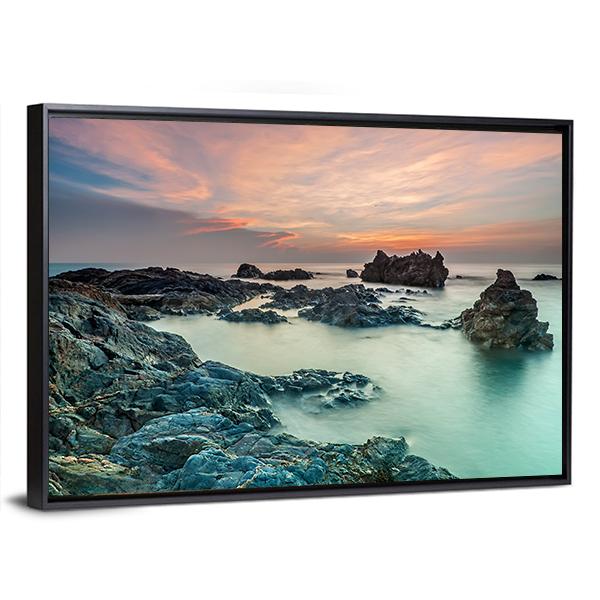 Sunrise With Rocks On The Beach Canvas Wall Art-5 Horizontal-Gallery Wrap-22" x 12"-Tiaracle