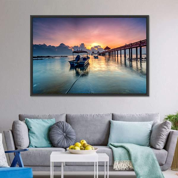 Sunrise With Stone Jetty Canvas Wall Art-5 Horizontal-Gallery Wrap-22" x 12"-Tiaracle