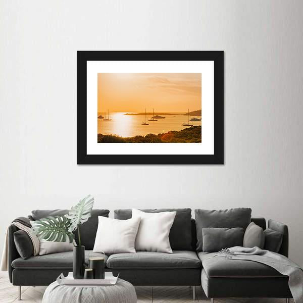 Sunrise With Yacht And Ships In Porto Rotondo Canvas Wall Art-1 Piece-Framed Print-20" x 16"-Tiaracle