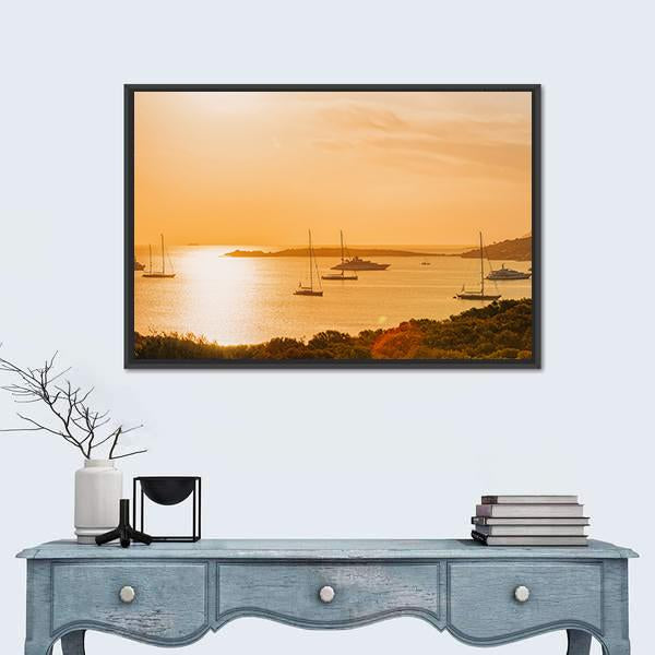 Sunrise With Yacht And Ships In Porto Rotondo Canvas Wall Art-5 Horizontal-Gallery Wrap-22" x 12"-Tiaracle