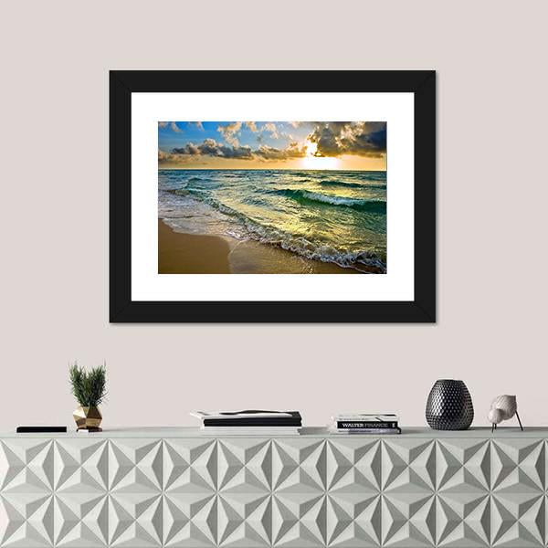 Sunrise at Atlantic Ocean Coast near Florida USA Canvas Wall Art-1 Piece-Framed Print-20" x 16"-Tiaracle