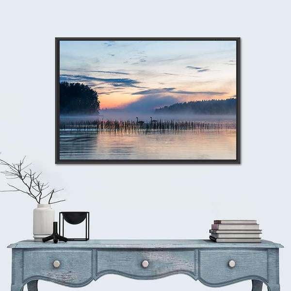 Sunset And Fog Over Lake In Finland Canvas Wall Art-1 Piece-Floating Frame-24" x 16"-Tiaracle