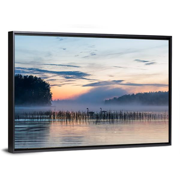 Sunset And Fog Over Lake In Finland Canvas Wall Art-3 Horizontal-Gallery Wrap-25" x 16"-Tiaracle