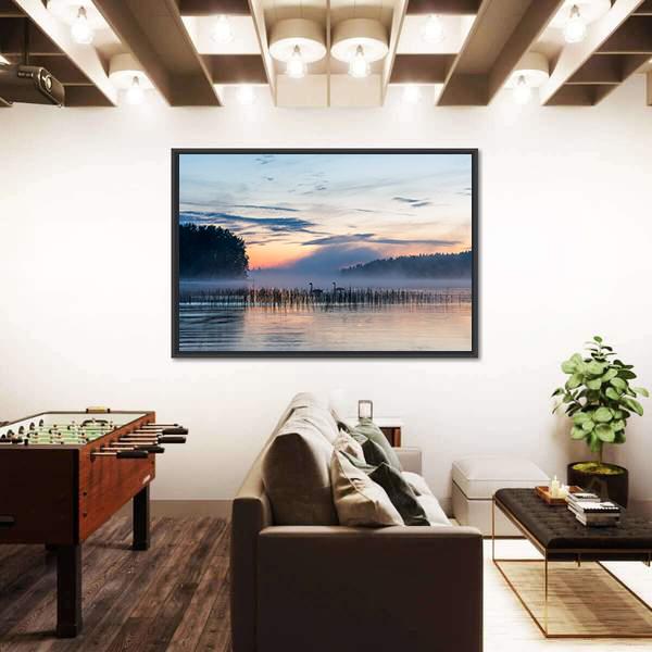 Sunset And Fog Over Lake In Finland Canvas Wall Art-3 Horizontal-Gallery Wrap-25" x 16"-Tiaracle