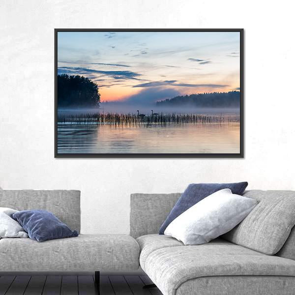 Sunset And Fog Over Lake In Finland Canvas Wall Art-3 Horizontal-Gallery Wrap-25" x 16"-Tiaracle