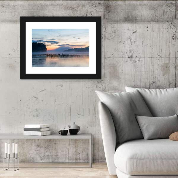 Sunset And Fog Over Lake In Finland Canvas Wall Art-3 Horizontal-Gallery Wrap-25" x 16"-Tiaracle