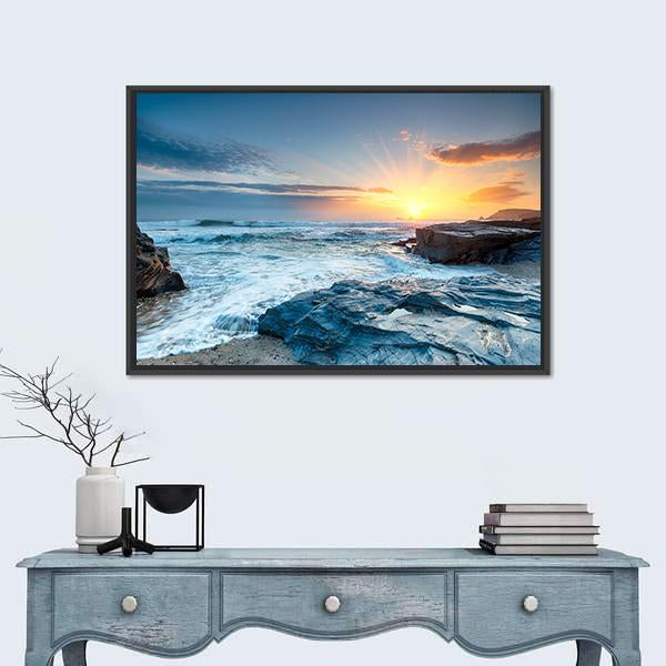 Sunset And Waves At Booby's Bay Canvas Wall Art-1 Piece-Floating Frame-24" x 16"-Tiaracle