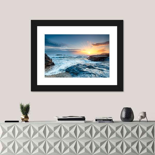 Sunset And Waves At Booby's Bay Canvas Wall Art-1 Piece-Framed Print-20" x 16"-Tiaracle