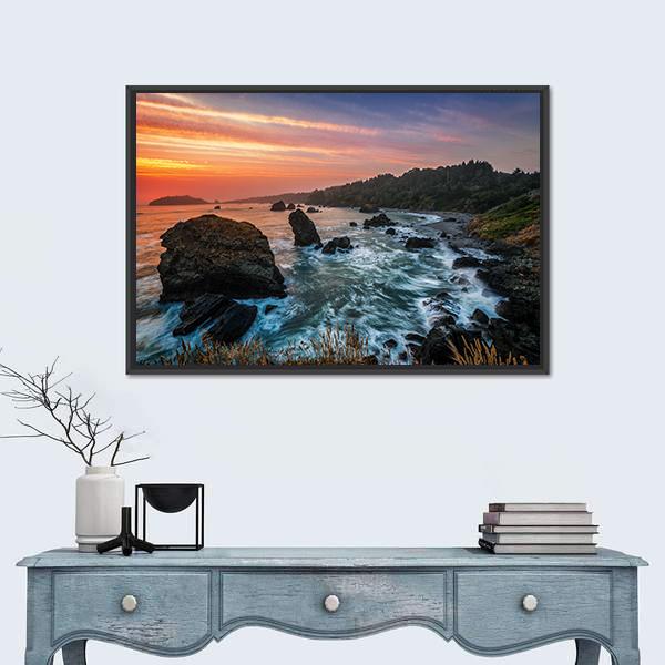 Sunset At A Rocky Beach Canvas Wall Art-1 Piece-Floating Frame-24" x 16"-Tiaracle