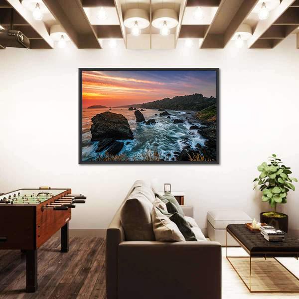 Sunset At A Rocky Beach Canvas Wall Art-1 Piece-Floating Frame-24" x 16"-Tiaracle