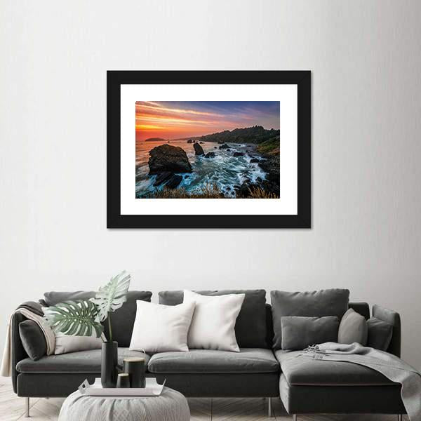 Sunset At A Rocky Beach Canvas Wall Art-1 Piece-Framed Print-20" x 16"-Tiaracle