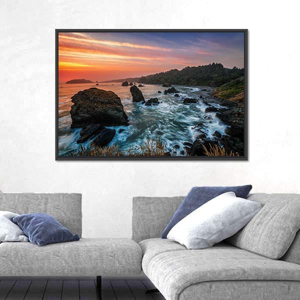 Sunset At A Rocky Beach Canvas Wall Art-3 Horizontal-Gallery Wrap-25" x 16"-Tiaracle