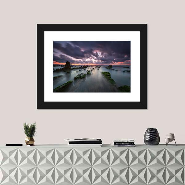 Sunset At Barrika Beach In Bizkaia Canvas Wall Art-1 Piece-Framed Print-20" x 16"-Tiaracle