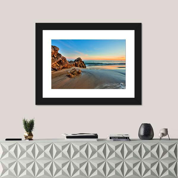 Sunset At California Beach Canvas Wall Art-1 Piece-Framed Print-30" x 20"-Tiaracle