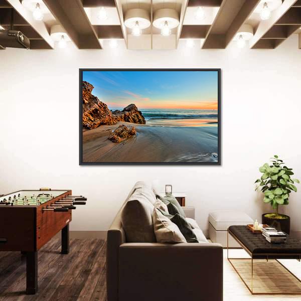 Sunset At California Beach Canvas Wall Art-5 Horizontal-Gallery Wrap-22" x 12"-Tiaracle