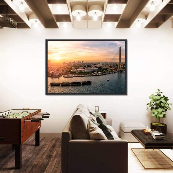 Sunset At Chao Phraya River Bangkok Canvas Wall Art-1 Piece-Floating Frame-36" x 24"-Tiaracle