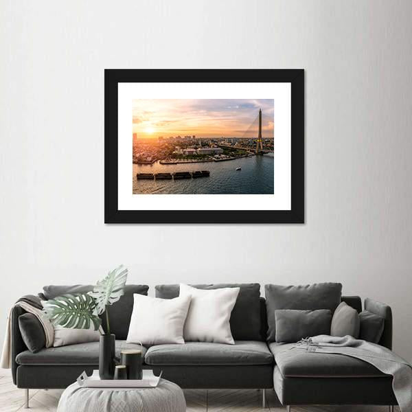 Sunset At Chao Phraya River Bangkok Canvas Wall Art-1 Piece-Framed Print-30" x 20"-Tiaracle