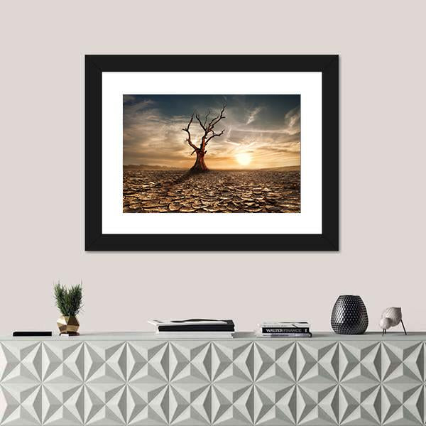 Sunset At Drought Cracked Desert Canvas Wall Art-1 Piece-Framed Print-20" x 16"-Tiaracle
