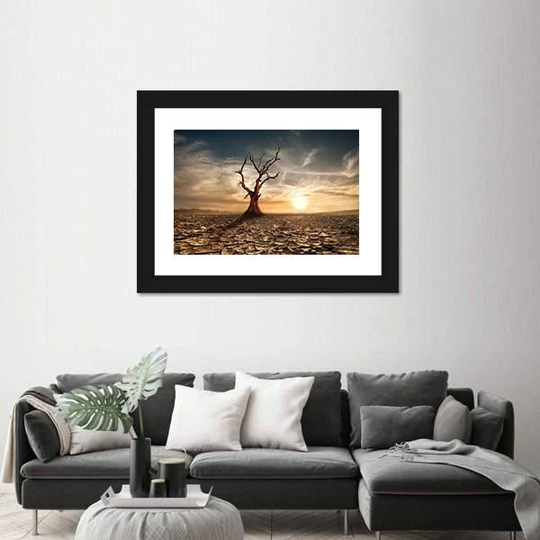 Sunset At Drought Cracked Desert Canvas Wall Art-5 Horizontal-Gallery Wrap-22" x 12"-Tiaracle