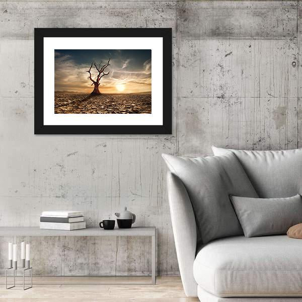 Sunset At Drought Cracked Desert Canvas Wall Art-5 Horizontal-Gallery Wrap-22" x 12"-Tiaracle