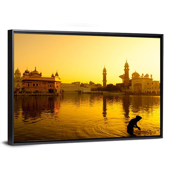 Sunset At Golden Temple In India Canvas Wall Art-5 Horizontal-Gallery Wrap-22" x 12"-Tiaracle