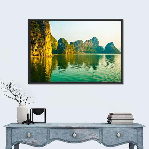 Sunset At Halong Bay In Vietnam Canvas Wall Art-1 Piece-Floating Frame-24" x 16"-Tiaracle