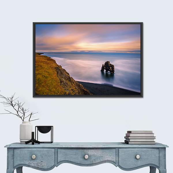 Sunset At Hvitserkur Basalt Stack In Northern Iceland Canvas Wall Art-1 Piece-Floating Frame-24" x 16"-Tiaracle