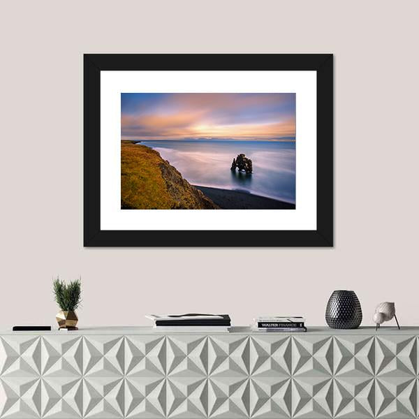 Sunset At Hvitserkur Basalt Stack In Northern Iceland Canvas Wall Art-1 Piece-Framed Print-20" x 16"-Tiaracle
