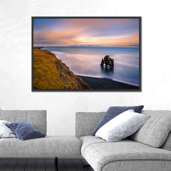 Sunset At Hvitserkur Basalt Stack In Northern Iceland Canvas Wall Art-5 Horizontal-Gallery Wrap-22" x 12"-Tiaracle