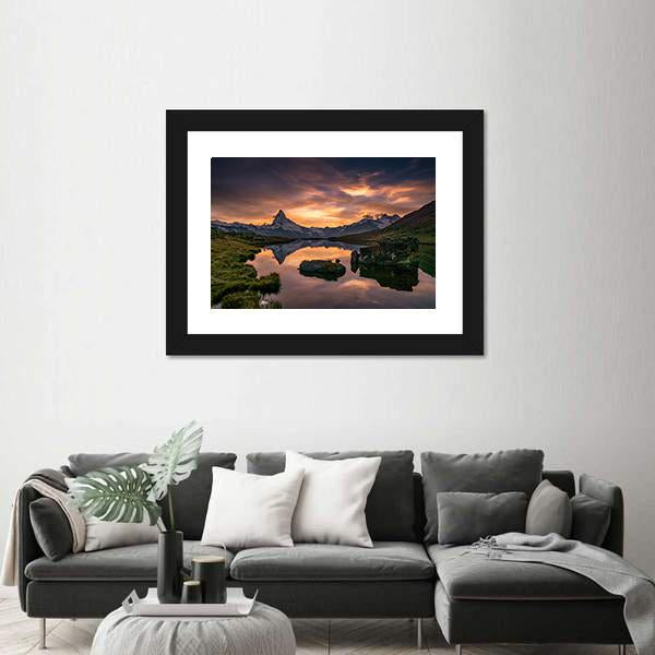 Sunset At Matterhorn With Reflection In Stelli Lake Canvas Wall Art-1 Piece-Framed Print-20" x 16"-Tiaracle