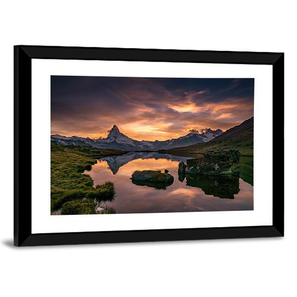 Sunset At Matterhorn With Reflection In Stelli Lake Canvas Wall Art-5 Horizontal-Gallery Wrap-22" x 12"-Tiaracle